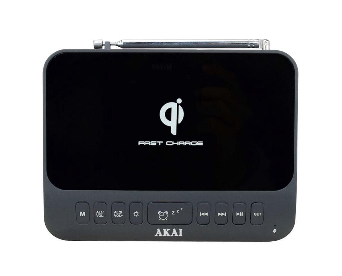 Radio cu ceas Akai USB/BT AKAI ACRB-1000, Wireless Fast Charging, Bluetooth V5.1, Bluetooth 8 m, Telescopic antenna, AUX in input, USB slot 1 charging function, USB slot 2 playing function, Power Source AC110 240~50/60Hz, Power Consumption 11W, RMS power 5W, black