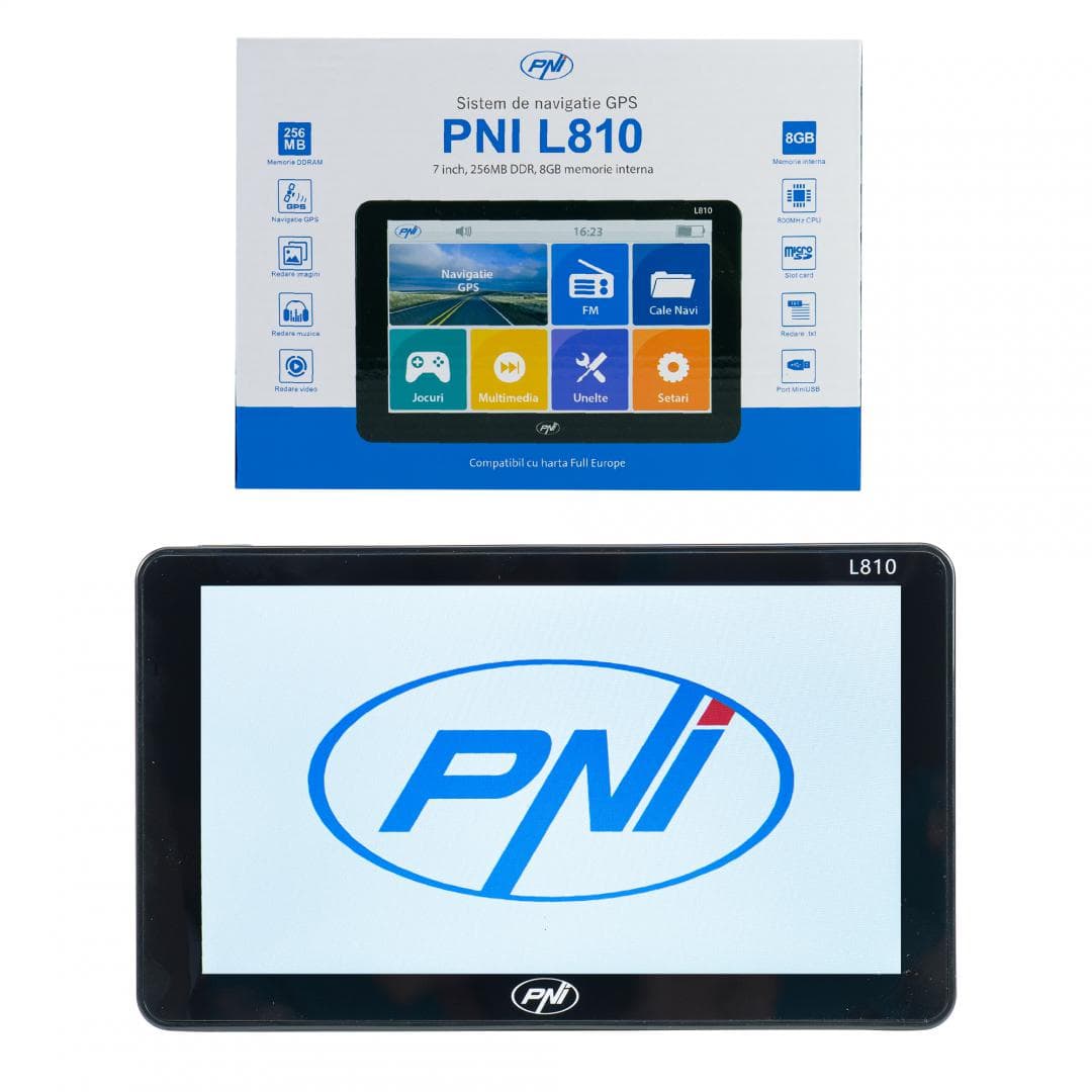 PNI L810 SISTEM NAVIGATIE 7", Windows CE 6.0, Rezolutie: 800 x 480, Aspect: 16:9, Procesor: 800 MHz. Meemrie RAM 256 Mb, Memorie interna: 8Gb, Slot MicroSD, max 32Gb, Culoare Negru, FM Transmitter, Fara harti incluse.