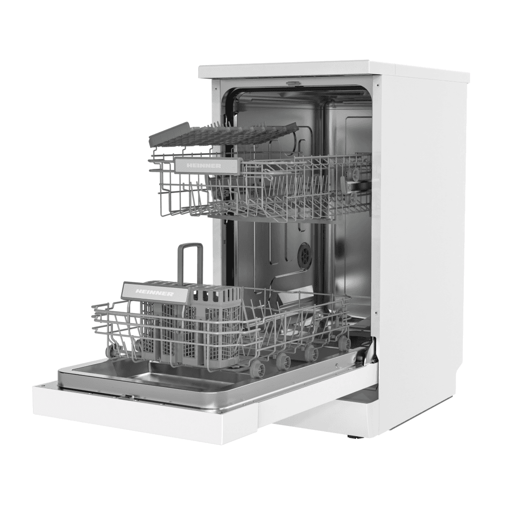 MASINA DE SPALAT VASE HEINNER HDW-FSM45510WE++. 10 SETURI, CLASA DE EFICIENTA ENERGETICA E, CONTROL ELECTRONIC, 5 PROGRAME: INTENSIV, UNIVERSAL, ECO, 90 MIN, RAPID (30 MIN), FUNCTIE HALF LOAD, PORNIRE INTARZIATA (3H, 6H, 9H), COS SUPERIOR AJUSTABIL PE INALTIME (GOL), COS TACAMURI, AQUASTOP, BLOCARE — miniatură
