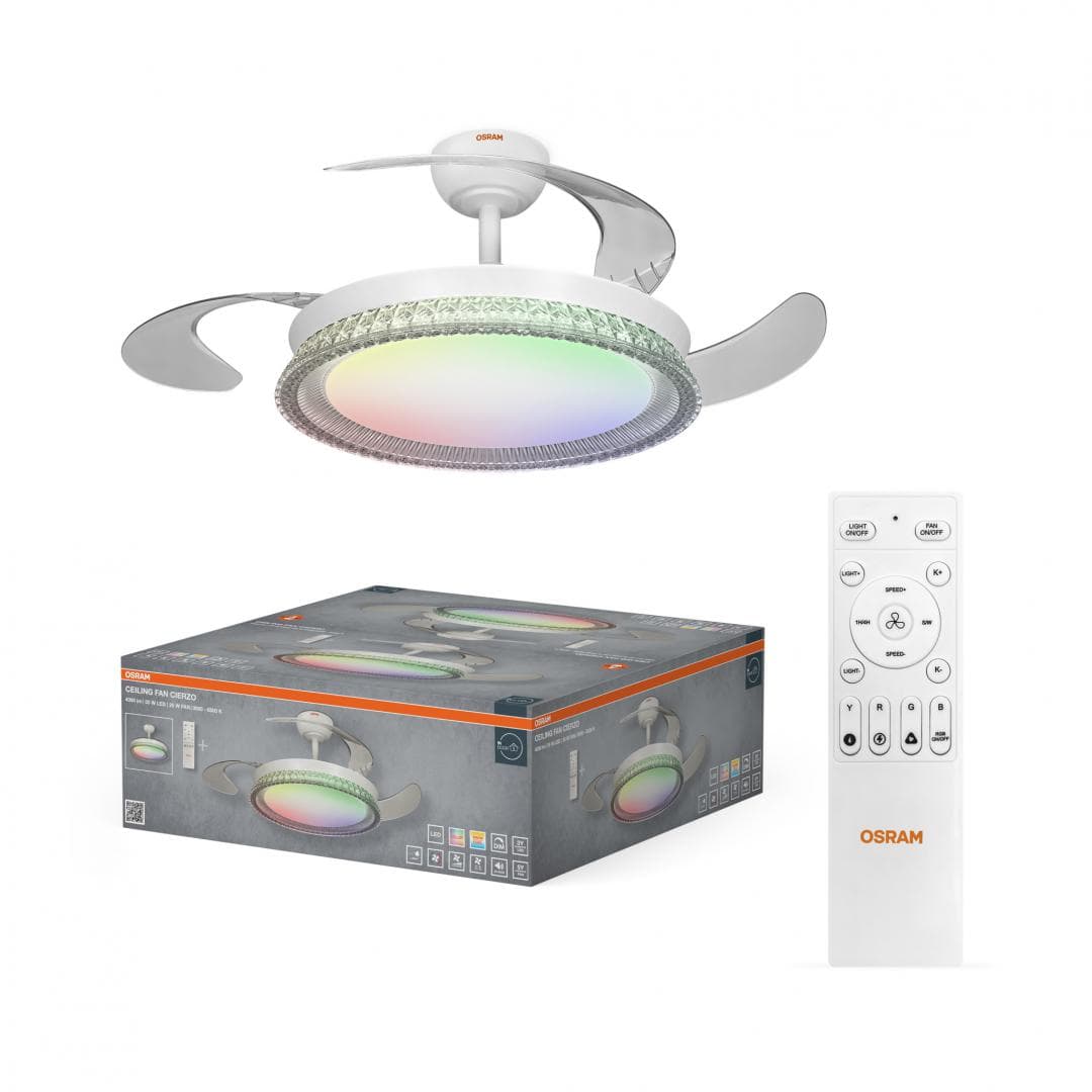 Plafoniera LED CCT cu ventilator Osram Cierzo cu Telecomanda, 60W, 4000lm, lumina alba si color (3000-6500K), dimabila, IP20, max 7252 m³/h, timer 2h-4h-8h, Alb