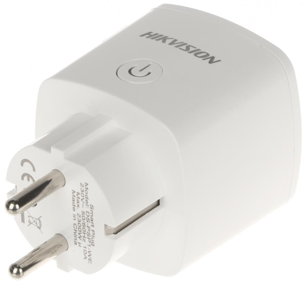 Priza inteligenta wireless Hikvision DS-PSP1-WE, control remote din aplicatie sau keyfob/keypad, setare scenarii in functie de evenimente, frecventa de operare 868 MHz, Two way communication, distanta de operare RF 1600m, criptare AES-128, 1 x LED stare (Green/Red), dimensiuni 52 x 52 x 88 mm