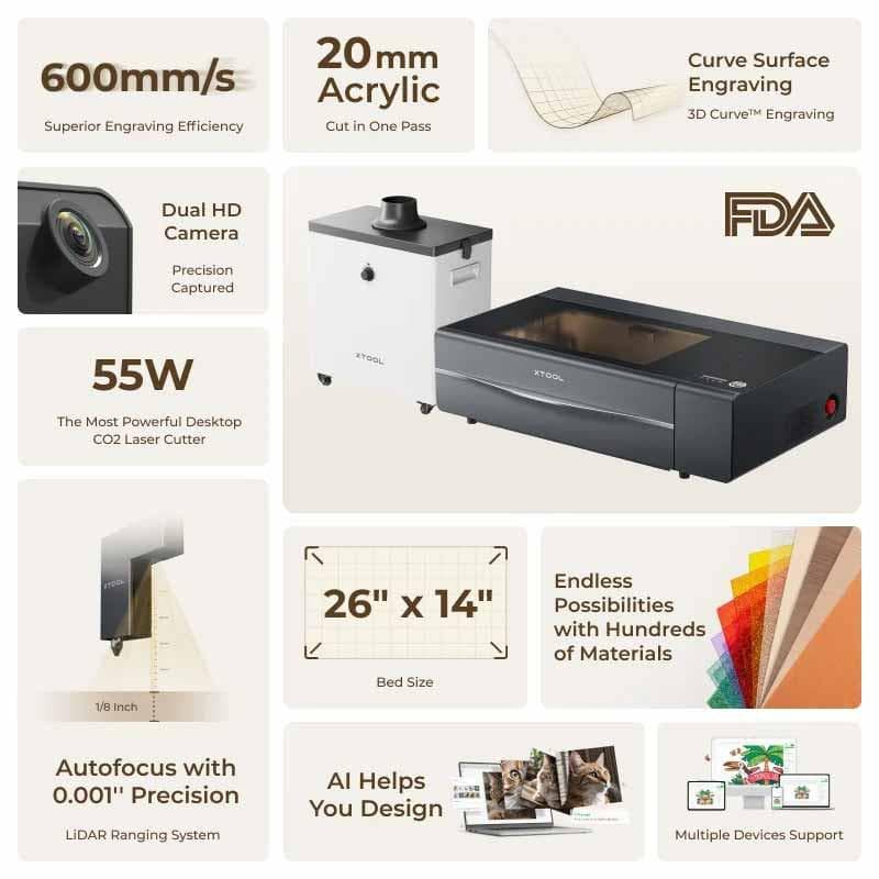 Makeblock xTool P2 55W Pachet Educational ce include: 1 x xTool P2 55W clasa I, 1x xTool Smoke Purifier ce permite purificarea eficienta a fumului, 1 x pachet de materiale educationale (ce include ghid de lectie); Dispozitivul de gravare are o putere nominala de 55W (tub laser de sticla CO2), viteza — miniatură