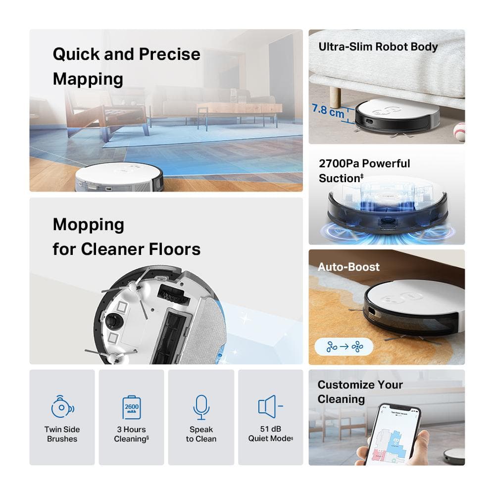 TP LINK Aspirator robot cu Mop și Navigare LiDAR TAPO RV20 MOP, Capacitate acumulator: 2600 mAh, Reincarcare si reluare, MagSlim LiDAR + Gyroscope, Harta virtuala, Inaltime de trecere: 20 mm, Putere aspiratie: 2700Pa, 4 niveluri, Capacitatea recipientului de colectare: 400ml, Filtru HEPA H11 — miniatură