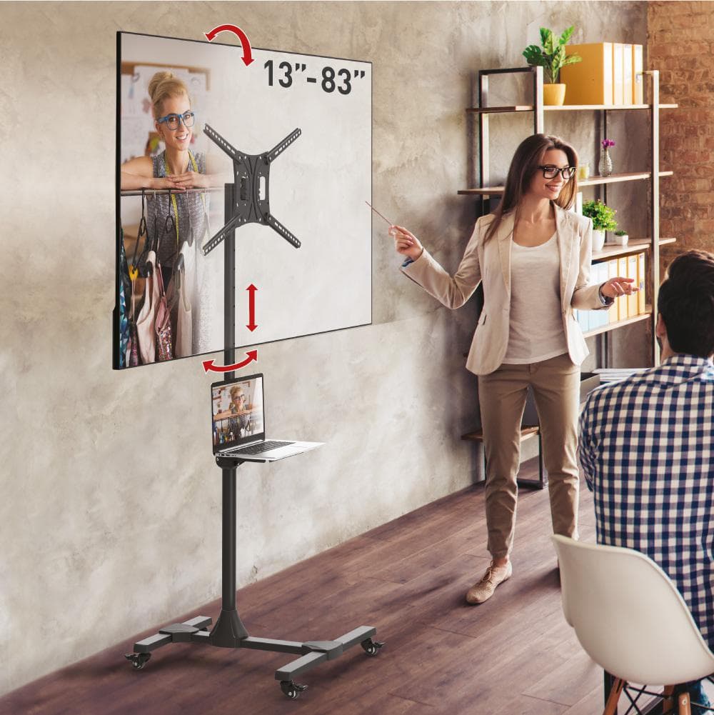 Suport Mobil de podea pentru TV plat/curbat Barkan + raft metal pentru laptop, 32" - 86", VESA 600x400mm, suporta pana la 50kg, Negru — miniatură
