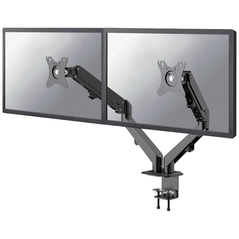 Brat de birou pentru monitor Neomounts, poate sustine 2 monitoare cu diagonala display 17-27", suporta pana la 7kg per monitor, full motion, +90°, -45° inclinatie, +90°, -90° swivel, +180°, -180° rotatie, VESA min 75x75, VESA max 100x100,reglabil pe inaltime: 15.2-40.2 cm, negru.