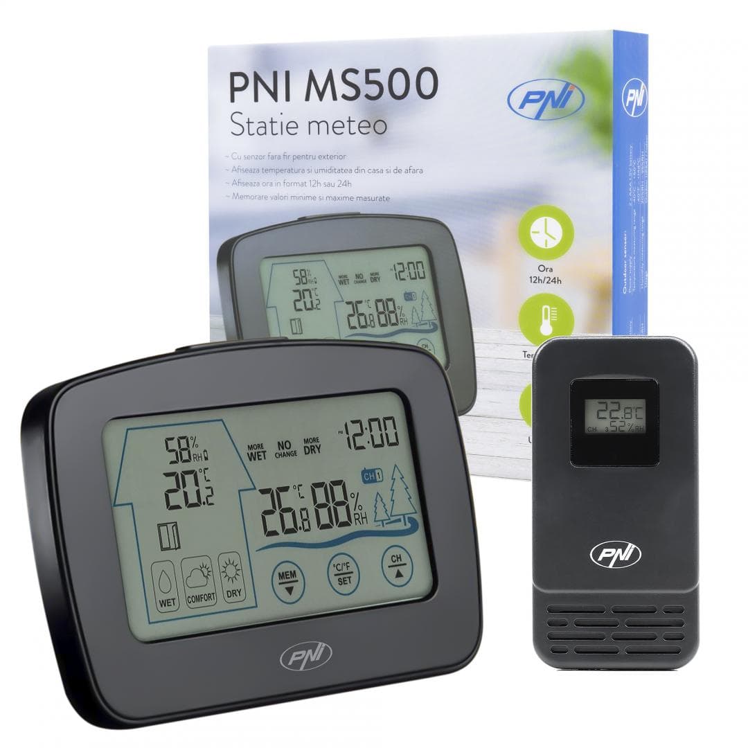 Statie meteo PNI MS500 cu senzor extern fara fir, afiseaza temperatura si umiditatea interioara si exterioara, memorie valori climaterice minime si maxime, Alimentare: 3 x baterii AAA 1.5V, Interval masurare:  -9.9°C ~ +50°C / +14°F ~ +122°C, Interval masurare umiditate: 20% ~ 95%RH, Afisare ora