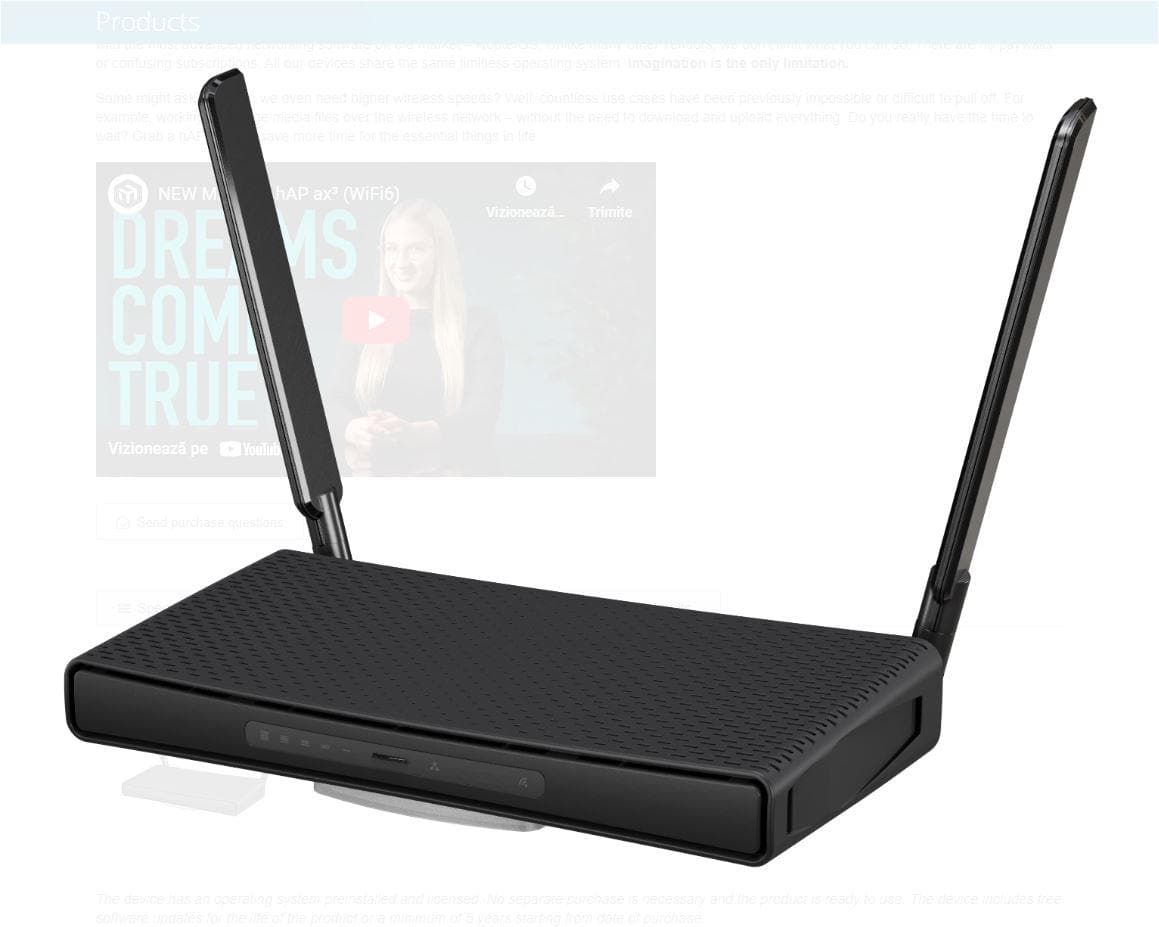 Mikrotik Dual-Band WI-FI 6 Wireless router, AX1800, C53UiG+5HPaxD2HPaxD, Procesor  IPQ-6010 cu 4 nuclee, 864 mhz, 1gb RAM, NAND 128 mb, witeza wireless 2.4Ghz: 574Mbit/s, 5Ghz: 1200 Mbit/s, interfata: 4 x 10/100/1000, 1 x 2.5G, 1 x POE out, 1 x USB, Certificari: CE, FCC, IC, EAC, ROHS.