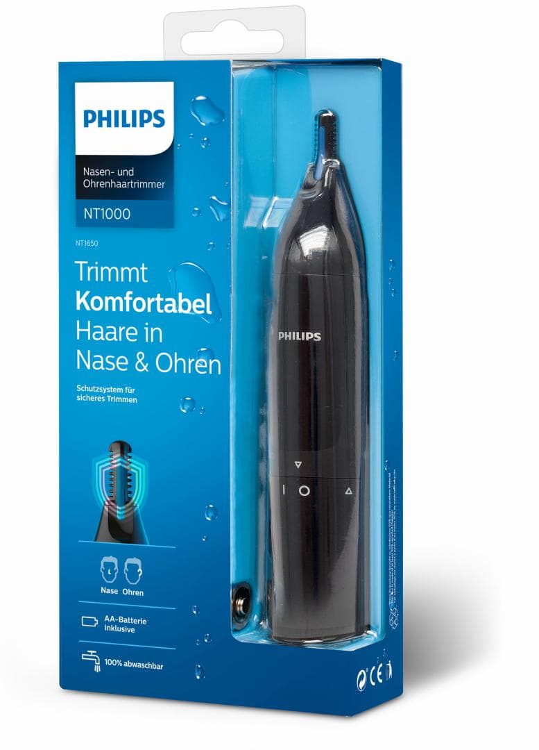 Aparat de tuns pentru nas și urechi PHILIPS NT1650/16, 100% waterproof, Sistem de protectie dual, Inchidere prin rotatie, Baterie tip AA inclusa, L x A x I (mm) 39x83x190 — miniatură