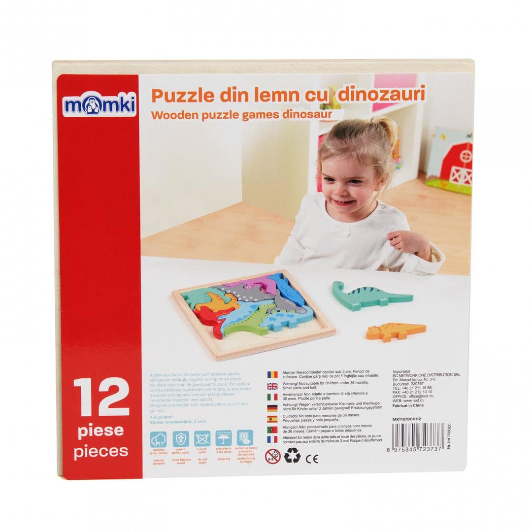 PUZZLE DIN LEMN CU DINOZAURI, 12 PIESE, MOMKI — miniatură