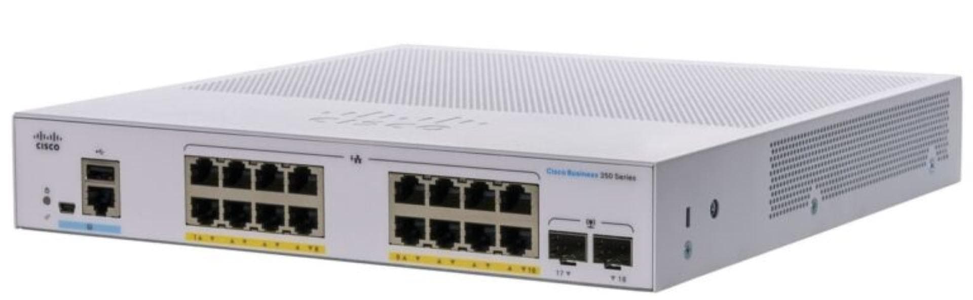 Switch  CISCO CBS350-16FP-2G, 16 PORTURI 10/100/1000, 2 x SFP, POE 240w, Buffer: 1.5 Mb, Flash 256Mb, CPU: 800 MHz ARM , DRAM: 512 MB Dimensiuni: 268 x 308 x 44 mm, Greutate: 2.49 Kg, Consum fara POE: 220V-26.68 W, cu POE: 279.8W, Fanless, Rack-mount.