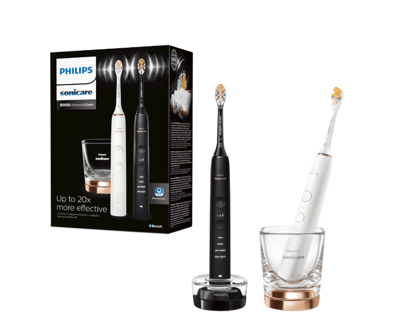 Set de doua periute sonice Philips Sonicare HX9914/69 Diamond Clean 9000 HX9914/69, 4 moduri de periere, 3 intensitati, 1 suport, 1 pahar, alb/negru/auriu