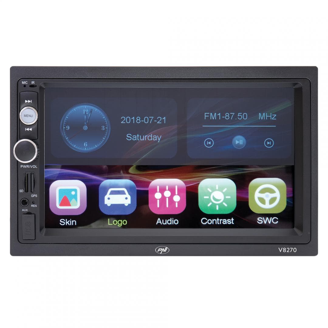 Navigatie multimedia PNI V8270 2 DIN cu GPS MP5, touch screen 7 inch, radio FM, Bluetooth, Mirror Link, AUX, USB, microSD, Culoare: negru, 7", Rezolutie: 1920 x 1080px, Aspect: 16:9, Formate acceptate: DVD, VCD, CD, CD-R, MP3, JPEG, WMA, Procesor: 500 MHz, Bluetooth, format audio: MP3, WMA, WAV — miniatură