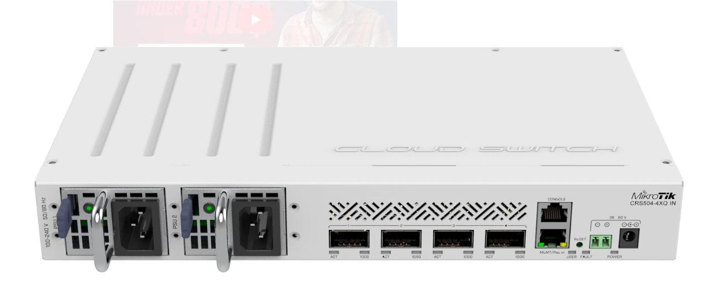 SWITCH MIKROTIK CRS504-4XQ-IN, 1 x 10/100Mbps, 4 x 100 QSFP28, Procesor: 650 MHz, 64MB RAM, 16MB flash, dimensiuni: 320 x 185 x 44 mm, racier: 2 vantilatoare.IP 20. — miniatură
