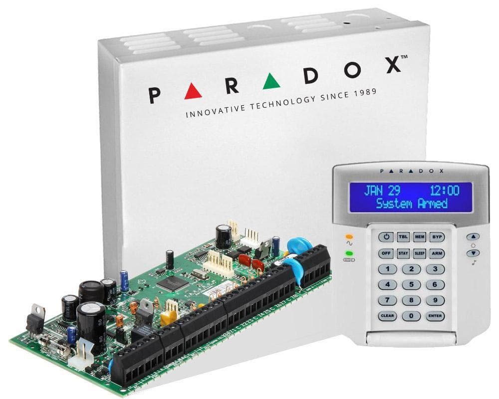 Centrala Paradox SP5500+ 5 intrări de zonă sau 10 cu ATZ, extensibila la 32 zone; extensibilă la 16 ieşiri PGM -(2 pe placă); sursă alimentare în comutaţie: 1.1A; Consum iesire Aux: Nominal 600mA - Maxim 700mA (protectie electronica); Include tastatura K32LCD+-1buc si cutie cu traf -1buc