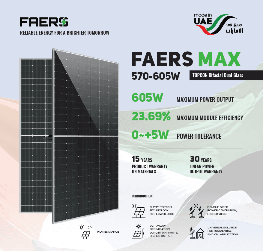 Panou Fotovoltaic Monocristalin FAERS MAX TOPCon, Bifacial Dual Glass, 570W, 22.37% Module Efficiency, Silver Frame, 1960x1303x35mm, IP68, 108 celule 2x[9X6]