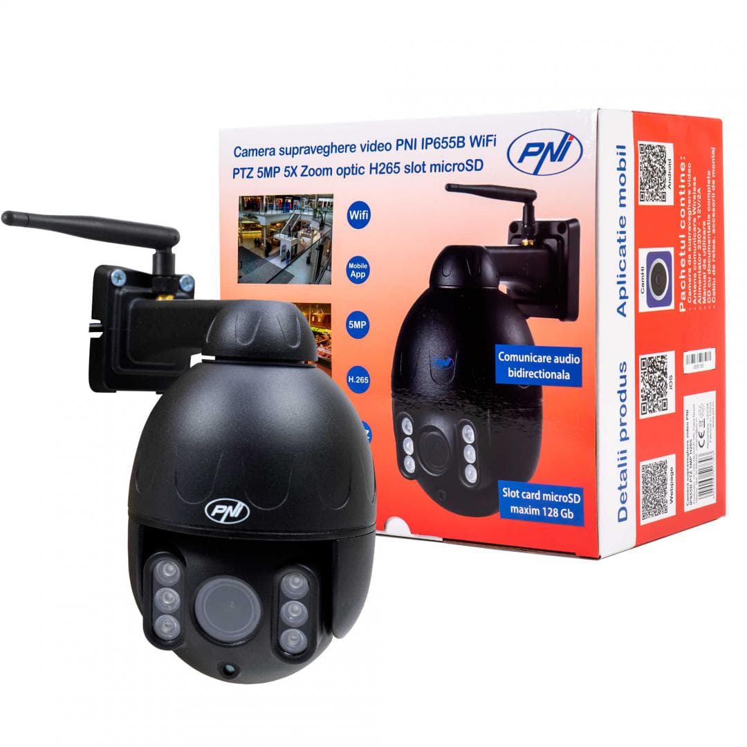 Camera supraveghere video PNI IP655B 5MP WiFi PTZ 5X Zoom optic H265, slot microSD, stand-alone, Night Vision 50m IP66 Alarma detectie miscare Comunicare audio bidirectionala, Senzor imagine: 1/2.8" SONY335 low lux CMOS, 5MP, Rezolutie: 2560x1920, 800x600, 640x480, lentila: 2.7-13.5mm 5X optical