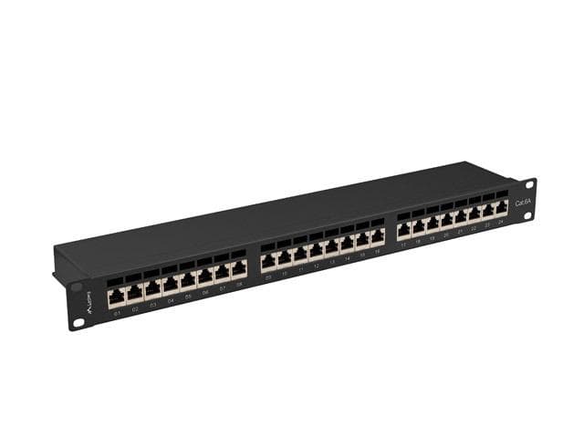 Patch panel 24 porturi 1U 19" Cat.6A FTP cu organizator cabluri, ecranat, negru