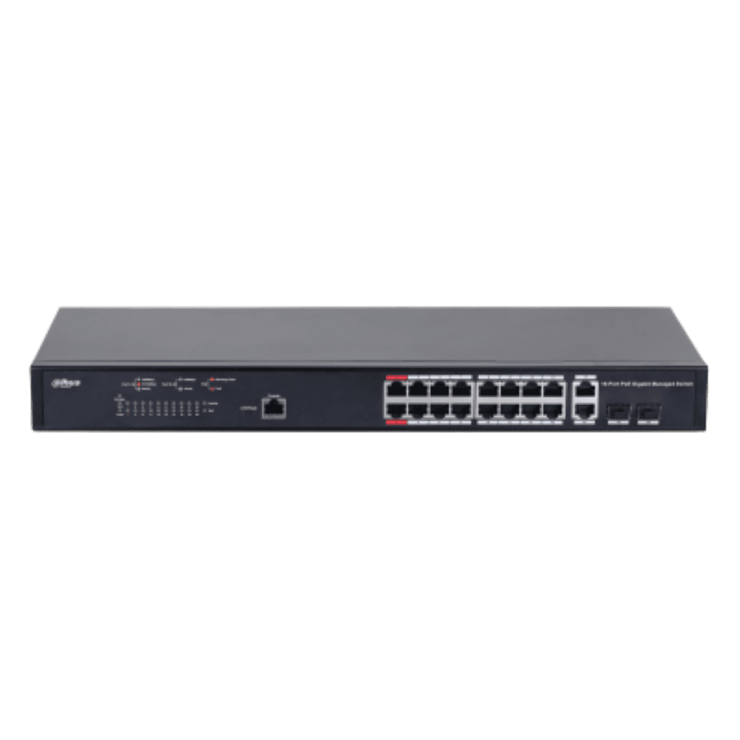 Dahua Managed Switch 18 porturi, 16 porturi POE, Gigabit, Port 1-16:16 × 10M/100M/1000MBase-T (PoE), Port 17-18:2 × 10M/100M/1000MBase-T (uplink) (combo), Port 17-18:2 × 1000M SFP (uplink)(combo), 1 × Console port, Managed L2, Capacitate switch: 56 Gbps, Packet Forwarding Rate: 29.76 Mpps — miniatură