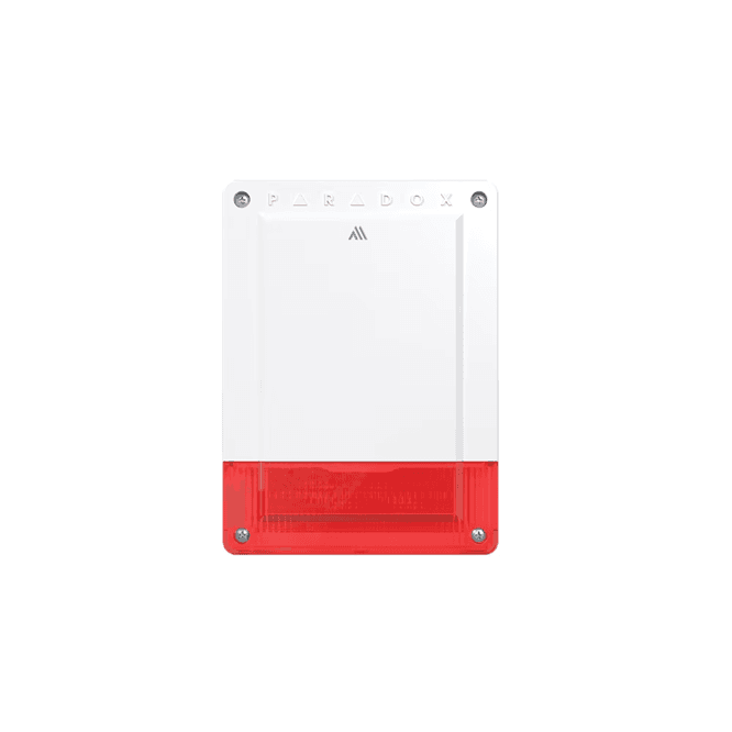 Sirenă wireless de exterior cu lumina stroboscopica, 100dB • consum inactiv (sleep): 22 uA, Standby: 130 uA, Alarmă: 550 mA • opțiuni culoare lentilă - roșu, albastru, transparent, galben • rezistență la intemperii • grad protecție IP: IP54 • senzor de temperatură • conector pentru sursă externă de
