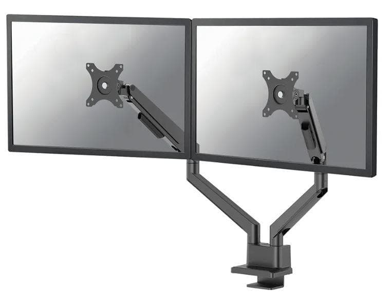 Brat dublu pentru monitor Neomounts, tip full motion, pentru display-uri cu diagonale 17"-32", sistem de prindere VESA 75x75~100x100mm, greutate maxima suportata 9 kg per ecran, tilt +45°, -45°, swivel +90°, -90°, rotate +180°, -180°, reglabil pe inaltime 21,5-49,5 cm, ajustarea latimii 11.4 cm