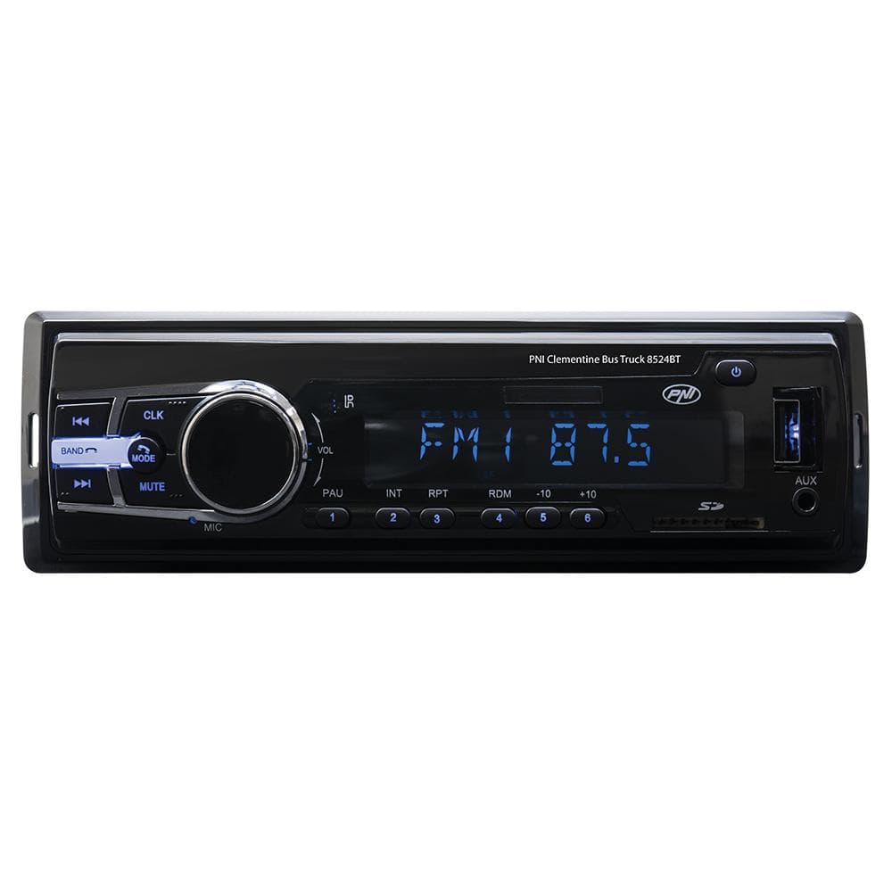 Radio MP3 player auto PNI Clementine Bus Truck 8524BT RDS 4x45w 12V/24V 1 DIN cu SD, USB, AUX, RCA si Bluetooth, Putere maxima audio (W) 4 x 45, Radio: AM/FM 87.5 - 108 MHz, USB 2.0 (max 32GB), microSD (max 32GB), AUX In (3.5mm mini jack), Redare fisiere: MP3. — miniatură