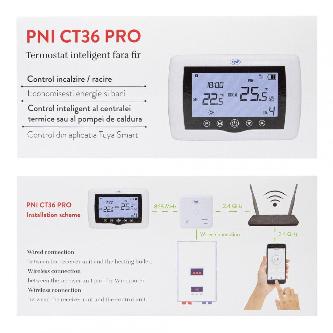 Termostat inteligent PNI CT36 PRO fara fir, WiFi 2.4GHz, control prin Internet APP TuyaSmart, regim iarna-vara, pentru centrale termice, Montare: Birou / perete, Culoare Alb, Conectivitate: Wireless la router Internet: WiFi 802.11b/g/n (2.4 GHz); WPA2 (TKIP and AES) - Fără fir între cele 2 unități — miniatură