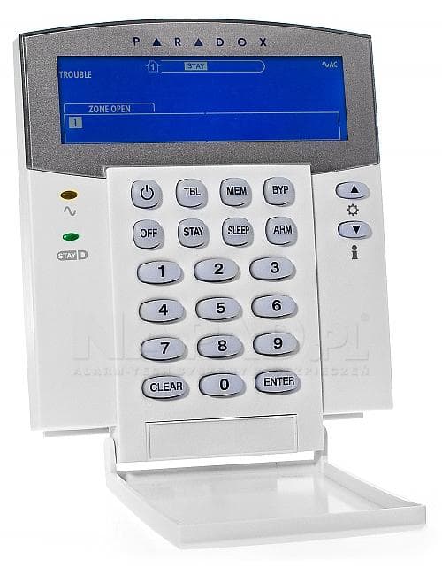 Tastatura Led Icon Paradox, K35, cablata pentru 32 de zona si 2 partitii, taste rapide pentru afisare defecte, suporta 3 panici ( Panica, Incediu, Medical), cablare pe 4 fire, usita de protecite pentru taste