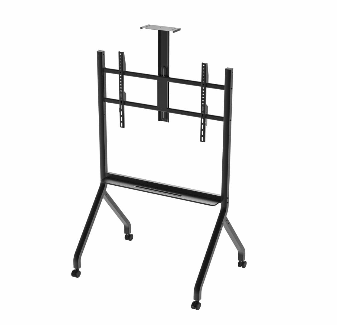 Stand TV mobil Serioux TV213CA, dimensiuni: 1050x755x2320mm, compatibilitate Max Vesa: 900x600mm, compatibilitate TV: 55"-100", greutate maximă suportata: 120 kg, baza cu 4 roti, raft multifunctional, negru — miniatură