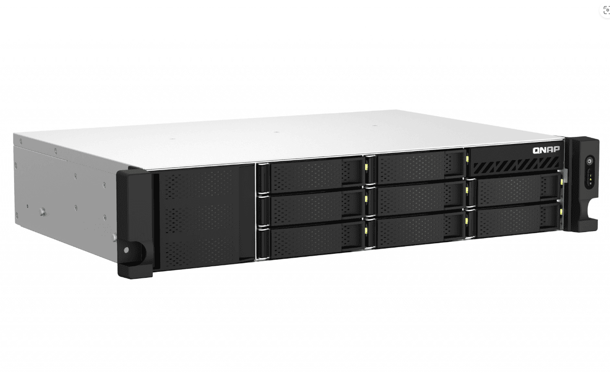 NAS QNAP 873AEU 8-Bay, CPU AMD Ryzen V1000 series V1500B 4C/8T 2.2 GHz, RAM 4GB (1x4GB) DDR4 SODIMM  (max. 64GB total, optional ECC RAM support), HDD: 8 x 2.5"/3.5" SATA 6Gbps, 2x M.2 2280 PCIe Gen3 x1 (neincluse), LAN: 2 x 2.5GbE, optional 10GbE expansion via a PCIe card, USB3.2 Gen2: 4 (2 x USB-C