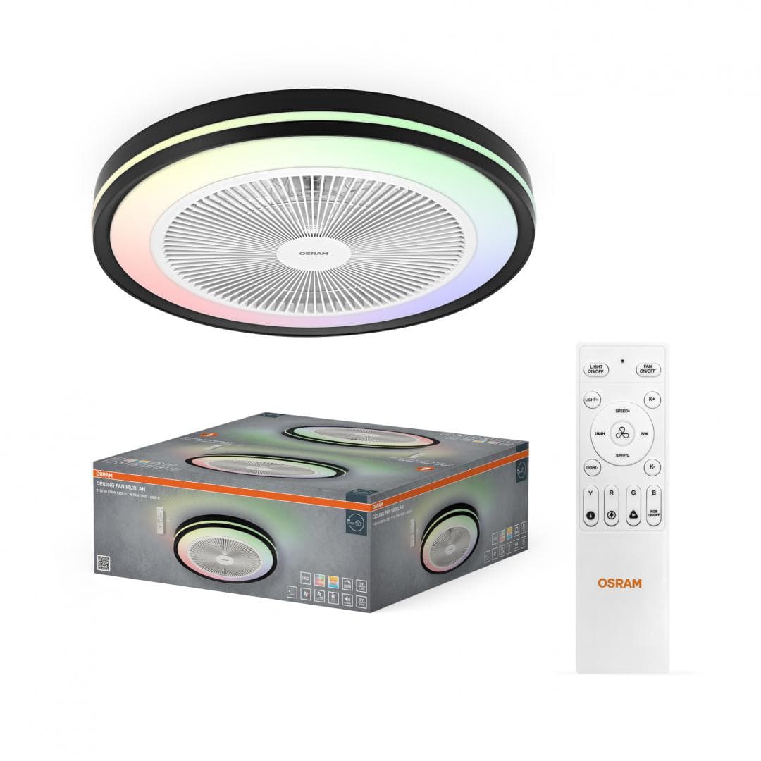 Plafoniera LED CCT cu ventilator Osram Murlan cu Telecomanda, 43W, 2150lm, lumina alba si color (3000-6500K), dimabila, IP20, max 1169 m³/h, timer 1h-4h-8h, Negru/Alb