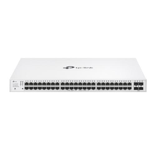 Switch TP-Link cu 52 de porturi, 48× 10/100/1000 Mbps PoE+ RJ45 Ports (Auto Negotiation/Auto MDI/MDIX),4× Gigabit SFP Slots, capacitate switch 104 Gbps, dimensiuni 17.3×13.0×1.7 in (440×330×44 mm) — miniatură