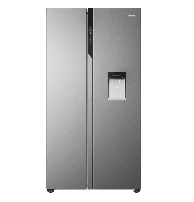 Side by side Haier HSR5918DWMP, 521 litri, Total No Frost, Multi air flow, Clasa D, SuperCooling, SuperFreezing, Holidays, dispenser apa, H 177 cm, Inox