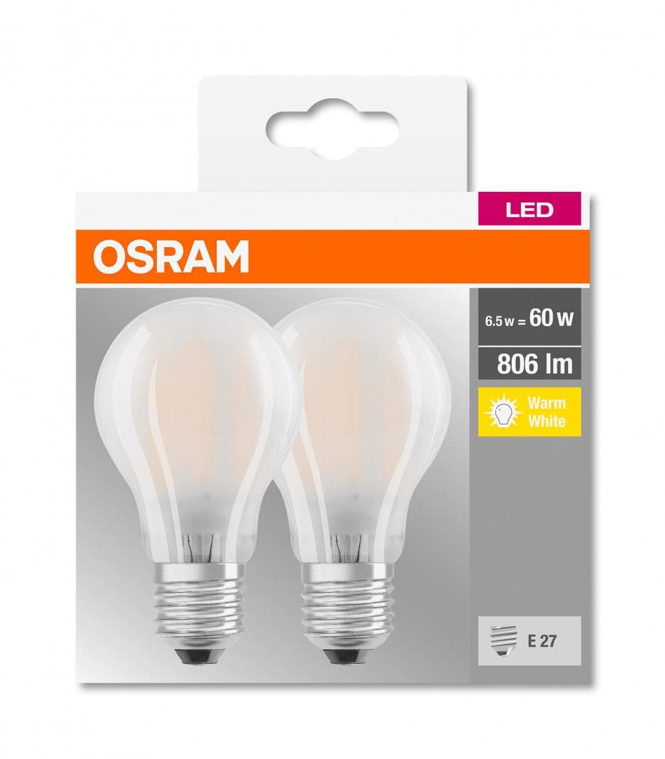 2 Becuri LED Osram Base Classic A, E27, 7W (60W), 806 lm, luminacalda(2700K), semi-transparent