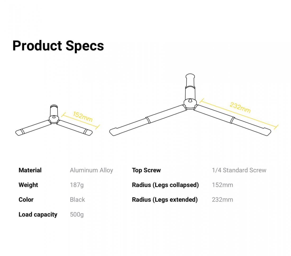 Trepied Insta360, compatibil cu ONEX, ONE R, ONE EVO, lungime 152mm, lungime maxima extins 232mm, greutate suportata 500gr, surub 1/4, greutate 187gr, culoare neagra — miniatură