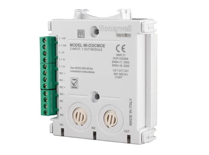 Honeywell Morley-IAS Modul 2 intrări si 1 ieșire MI/D2ICMOE, cu izolator; Curent maxim in standby 140 µA @ 24 VDC (fara comunicari); Tensiune de operare 15-32 VDC; Optiune de montare pe sina DIN;Indicator stare LED tricolor;Standard EN54-17, EN54-18; Clasa protectie IP40;Dimensiuni 93 x 82 x 22 mm