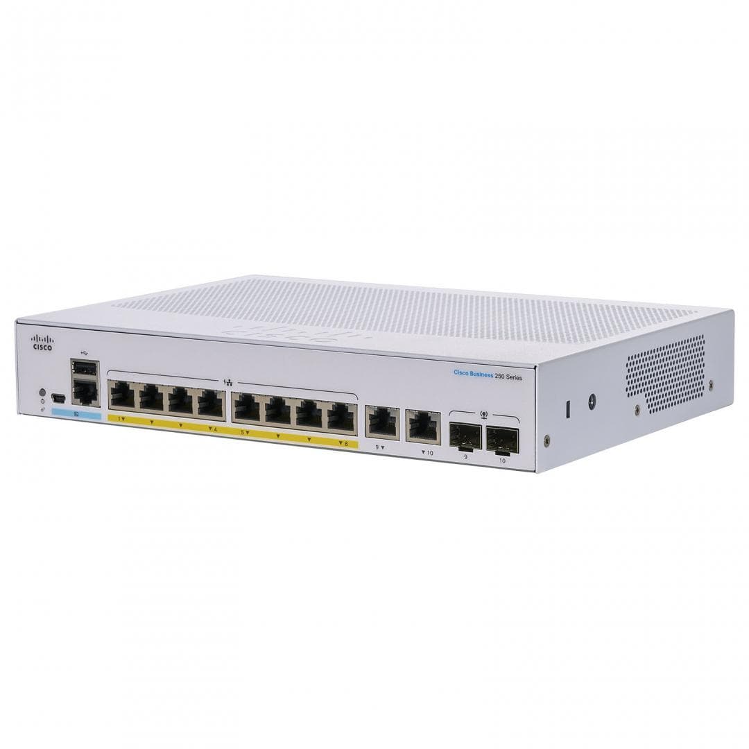 Switch  CISCO CBS250-8P-E-2G, 8 PORTURI 10/100/1000, 2 x SFP, POE 60w, Buffer: 1.5 Mb, Flash 256Mb, CPU: 800 MHz ARM , DRAM: 512 MB Dimensiuni: 268 x 185 x 44 mm, Greutate: 1.53 Kg, Consum fara POE: 220V-14.38 W, cu POE: 80.86W, Fanless, Rack-mount.