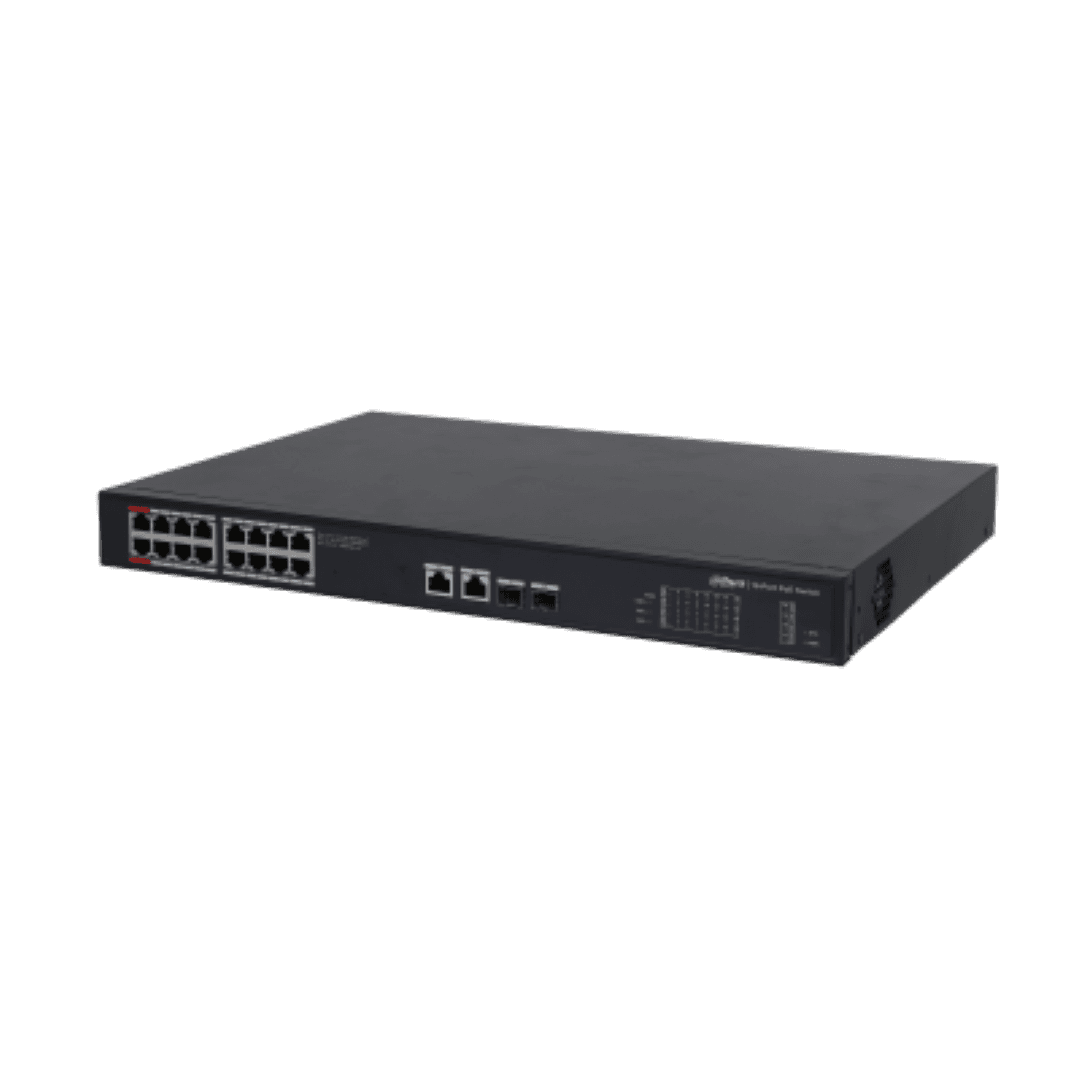 DAHUA Switch 20 porturi, 16 portuti POE, Unmanaged, Layer 2, Capacitate switch: 52Gbps, Forwarding Rate 29.76 Mpps, Standarde retea: IEEE802.3, IEEE802.3u, IEEE802.3x, IEEE802.3ab, IEEE802.3z interfata: 16 × RJ45 10/100/1000 M (PoE), 2 × RJ45 10/100/1000 M (uplink), 2 × SFP 1000 M (uplink), Buget — miniatură