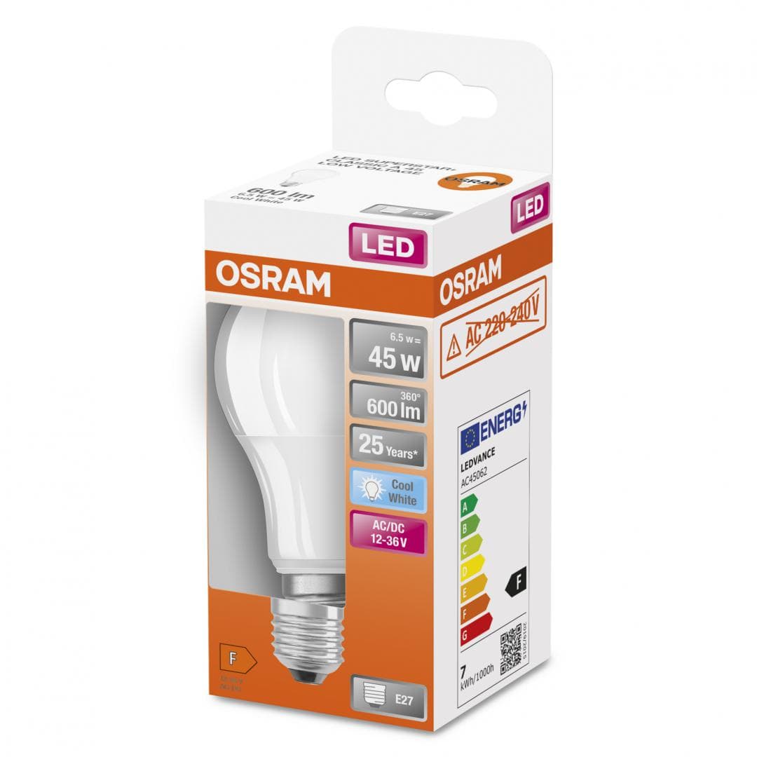 Bec LED Osram Classic A60, E27, 12-36V AC/DC, 6.5W (45W), 600 lm, luminaneutra (4000K), nu functioneaza la 220-240V — miniatură
