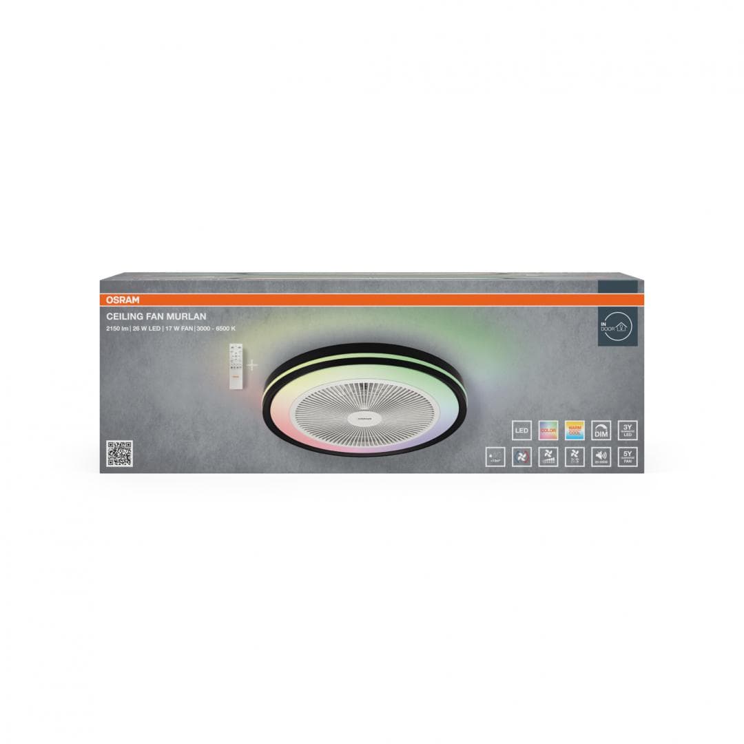 Plafoniera LED CCT cu ventilator Osram Murlan cu Telecomanda, 43W, 2150lm, lumina alba si color (3000-6500K), dimabila, IP20, max 1169 m³/h, timer 1h-4h-8h, Negru/Alb — miniatură