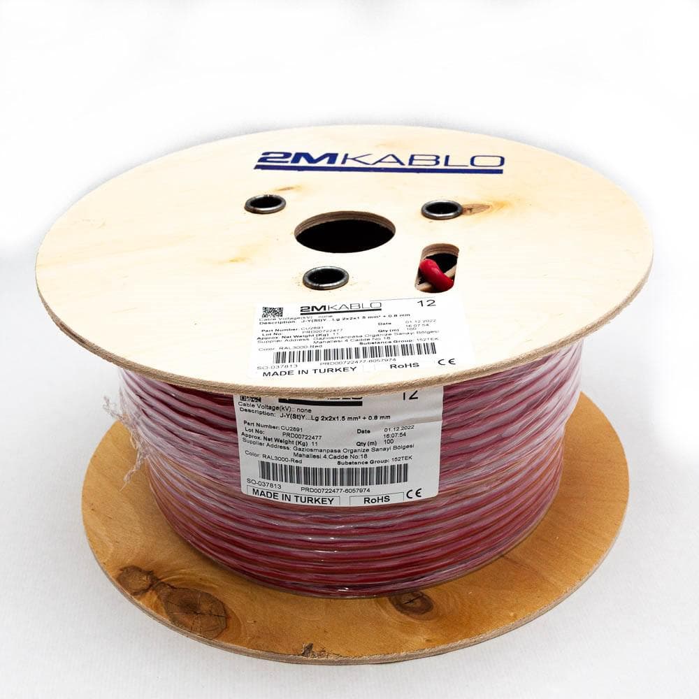 "Cablu incendiu JY(St)Y...Lg 2x2x1.5 mm² + 0.8 mmproducator 2M Kablo, 3T00000401-3-100Diametru fir : 1.5 mmConductor torsadati in perechi infasurate in banda PET, ecranaj Al/PET, cupru 100%Culori fire: VDE 0815Manta: PVC, culoare RAL3000-rosuAmbalare: tambur 100 metriOperatingVoltage — miniatură