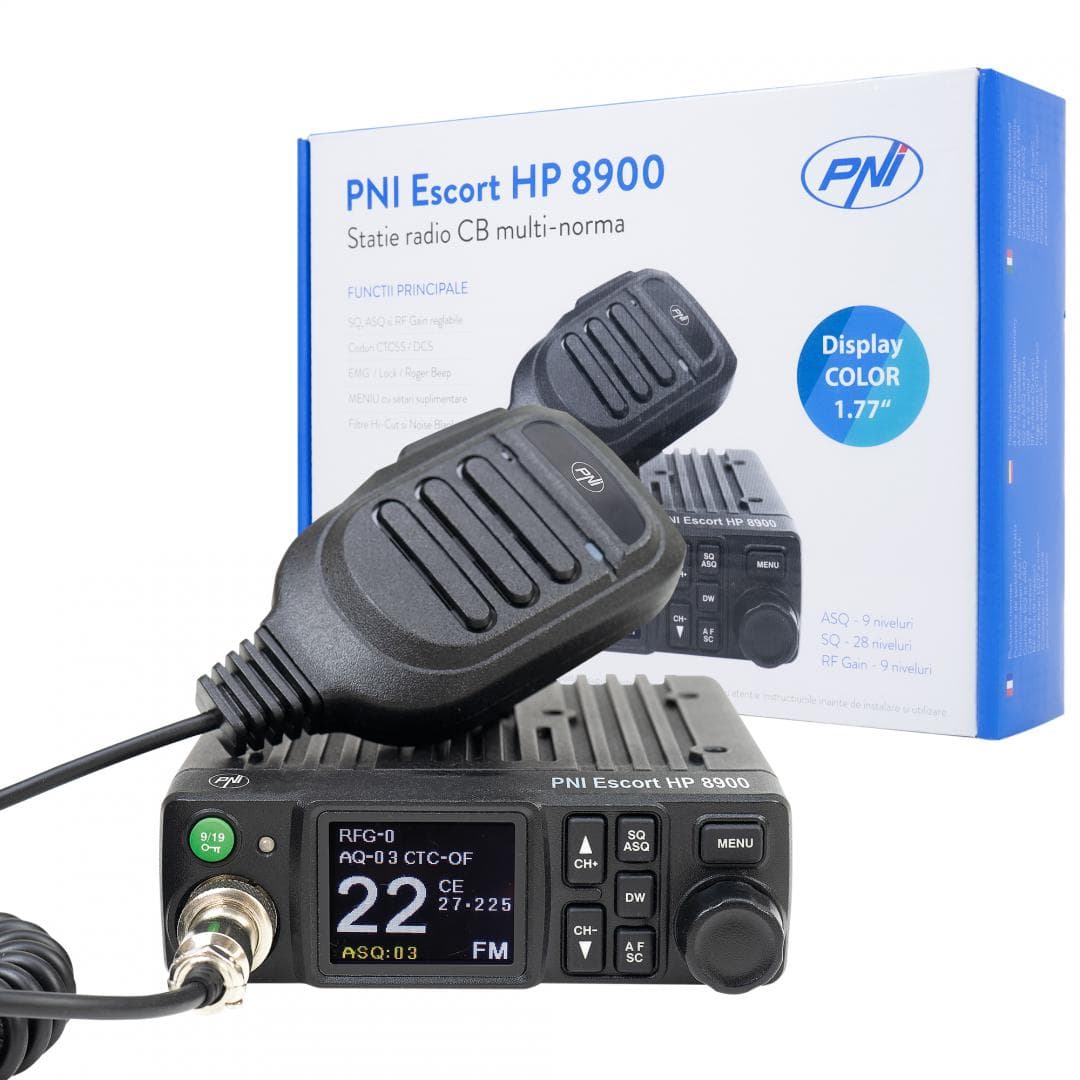 PNI-HP8900 - Statie radio CB PNI Escort HP 8900 ASQ, 12V / 24V, RF Gain, Roger Beep, CTCSS-DCS, Dual Watch AM/FM comutati doar in banda EU, Tip banda emisie: AM/FM, 40 canale, Frecventa: 26.965 - 27.405 MHz, Difuzor: 3W, Alimentare: 12/24V, Dimensiuni: 122 x 130 x 37 mm, Montaj 1 DIN, ASQ.
