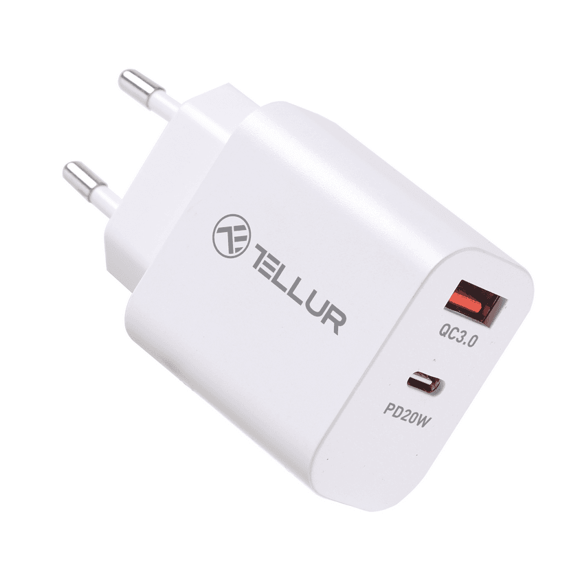 Incarcator priza Tellur PDHC101 Dual Port, PD 20W + QC3.0 18W, alb — miniatură