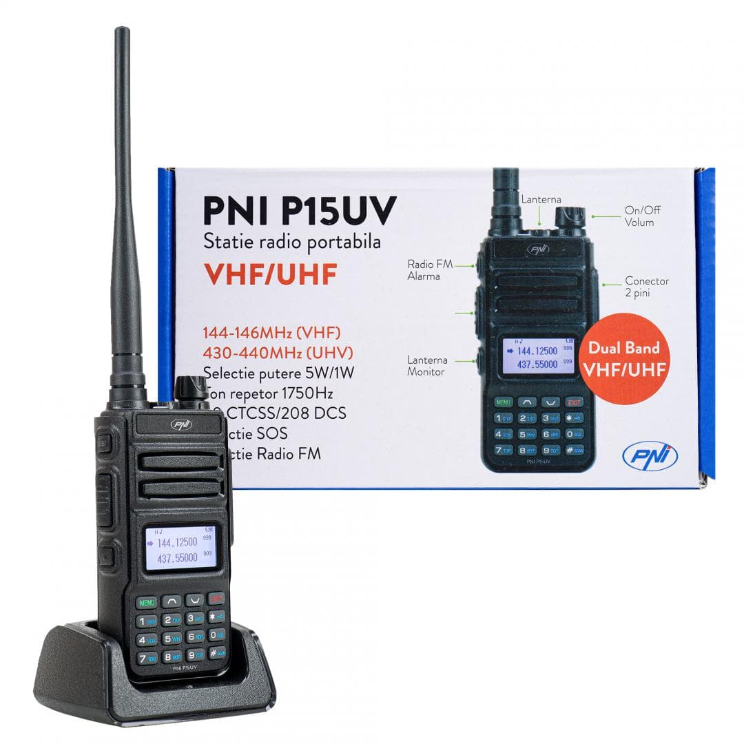 Statie radio portabila VHF/UHF PNI P15UV dual band, PNI-P15UV, 144-146MHz/430-440Mhz, 999CH, cu acumulator 1500 mAh, Canale programabile: 999, Pas frecventa: 2.5/5/6.25/10/12.5/25KHz, Capacitate baterie: 1500mAh Li-Ion, antena: 50 Ohmi, Dimensiuni: 57 x 35 x 270 mm (antena inclusa), 242 grame,