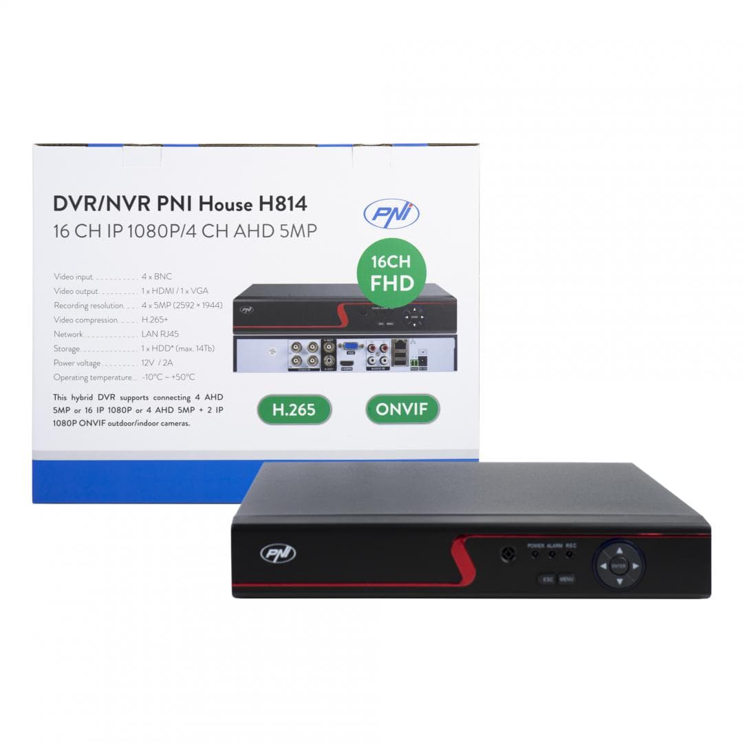 DVR / NVR PNI House H814 - 16 canale IP full HD 1080P sau 4 canale analogice 5MP, Numar canale video: 4 canale, Compresie video: H.265, rEZOLUTIE: Analog: 4 x 5MP IP: 16 x 1080P / 8 x 5MP Hibrid: 4 x 5MP + 2 x IP 1080P, IESIRE: 1080P(VGA) / 1080P(HDMI), sTOCARE: maxim 1 x 14 TB HDD (nu este inclus) — miniatură