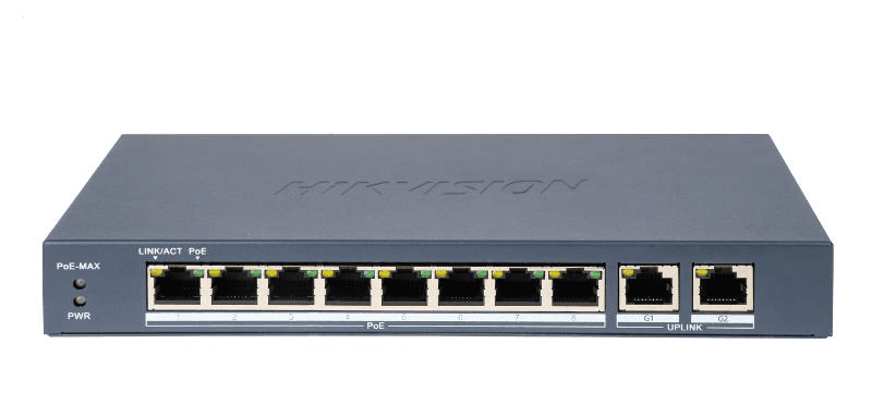 Switch PoE Hikvision DS-3E0310P-E/M(B): 8 × 10/100 Mbps PoE port, and 2 × Gigabit RJ45 port, PoE standard: IEEE 802.3af;IEEE 802.3at, 8 porturi PoE maxim 30W, buget PoE 80W, tensiune alimentare: 54VDC, 1.2A, dimensiuni: 217.60 mm × 27.60 mm × 108.50 mm, greutate: 0.555kg, montare pe birou sau pe