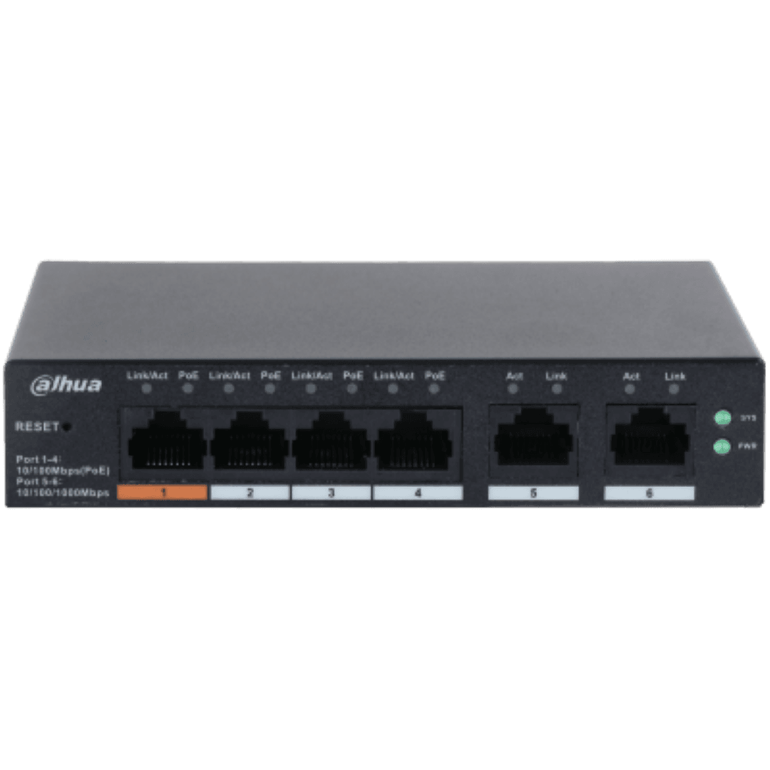 DAHUA 6 port Managed Desktop switch, CS4006-4ET-60, Interfata: Port 1-4: 4 × RJ-45 10/100 Mbps (PoE); Port 5-6: 2 × RJ-45 10/100/1000 Mbps (uplink), Managd, Layer 2, Switching Capacity: 4.8 Gbps, Packet Forwarding Rate, 3.57 Mpps, Standarde retea: IEEE802.3; IEEE802.3u; IEEE802.3x; IEEE802.3ab — miniatură