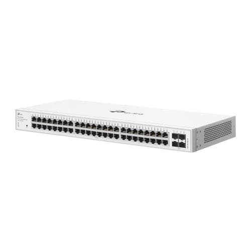 Switch TP-Link cu 48 de porturi, 48× 10/100/1000 Mbps RJ45 Ports (Auto- Negotiation/Auto MDI/MDIX), 4× Gigabit SFP Slots, capacitate switch 104 Gbps, dimensiuni 17.3×8.7×1.7 in (440×220×44 mm) — miniatură