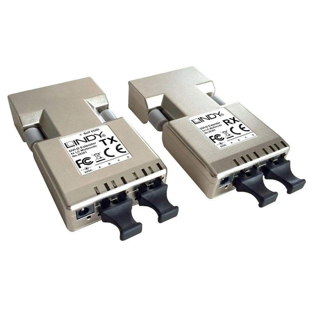 Lindy 500m Fibre Optic DVI-D Single Link Extender Description Extends DVI-D signals at distances of up to 500m using dual fibre optic cables (not included) Compatible with DVI-D 2.0 specifications including HDTV and HD-Ready displays Supports HDTV resolutions up to 1920 x 1200 @ 60Hz / 1080p @ 60 — miniatură