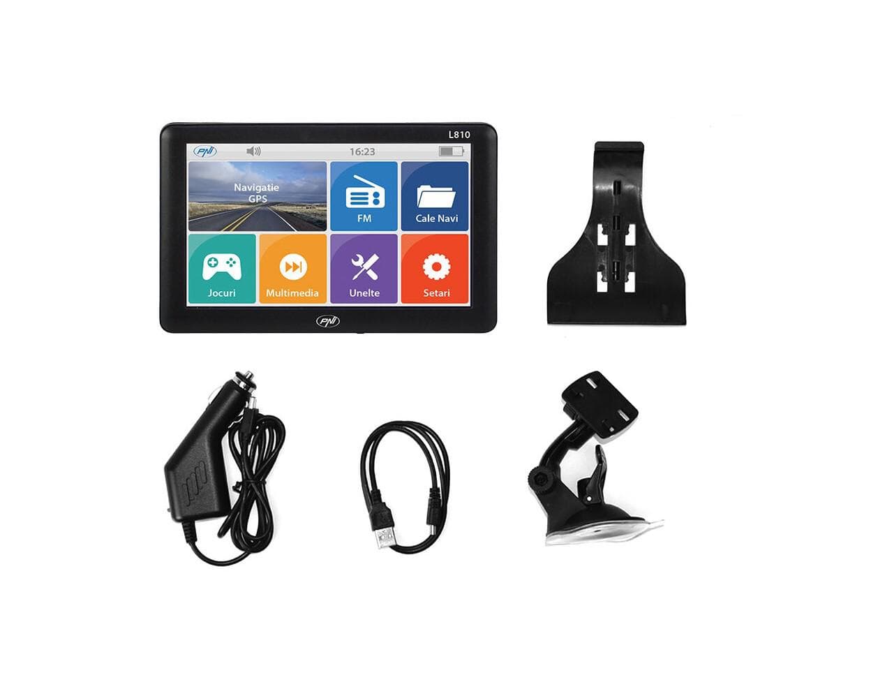 PNI L810-HM SISTEM NAVIGATIE 7", Windows CE 6.0, Rezolutie: 800 x 480, Aspect: 16:9, Procesor: 800 MHz. Meemrie RAM 256 Mb, Memorie interna: 8Gb, Slot MicroSD, max 32Gb, Culoare Negru, FM Transmitter, Cu harta Europei Mireo Don't panic inclusa. — miniatură