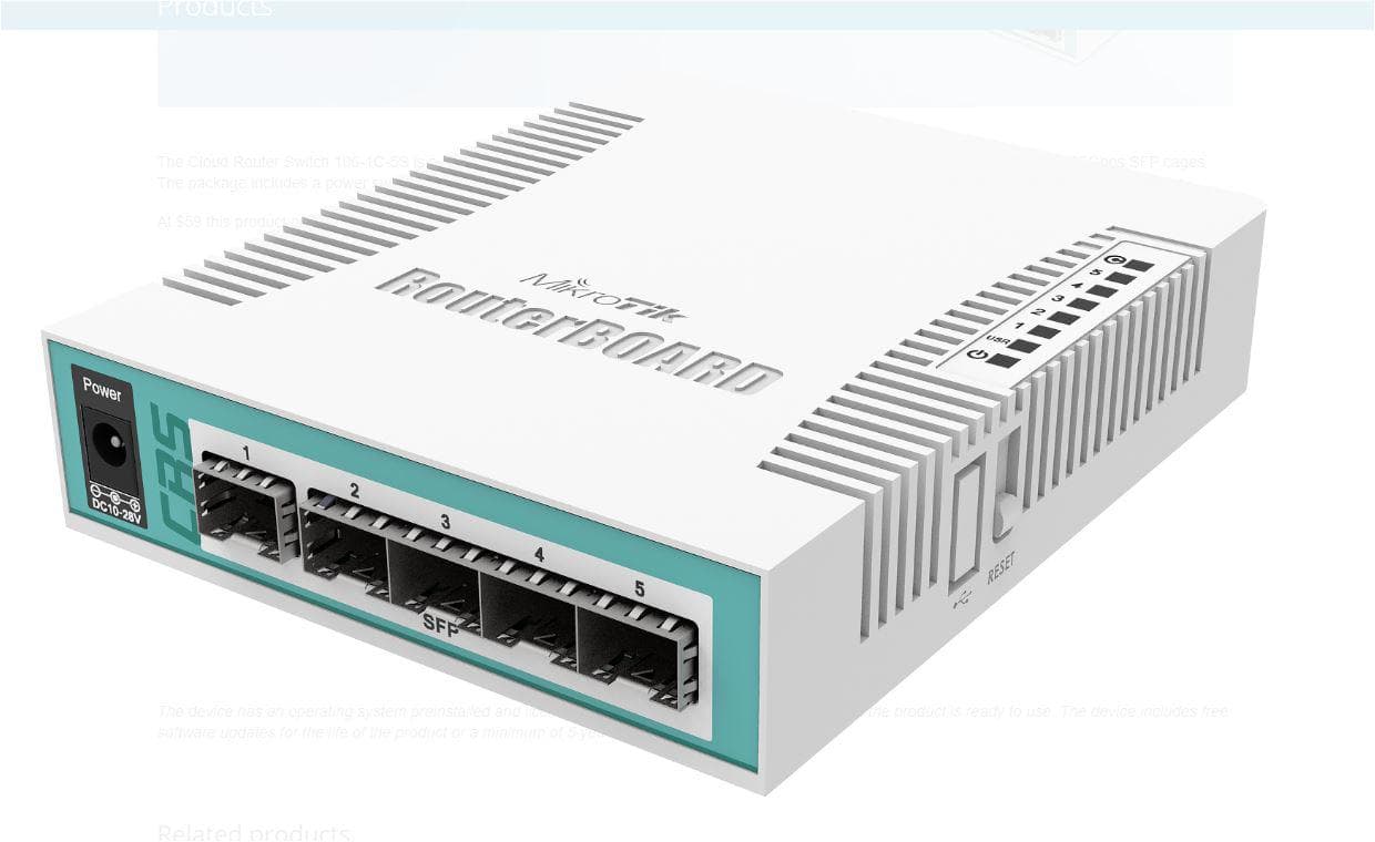 MIKROTIK Cloud Router Switch 106-1C-5S, 1* CPU core count, RAM: 128 MB,Flash Storage: 16 MB, 1* Ethernet Combo ports, 5* SFP ports. Serialport: RJ45 — miniatură